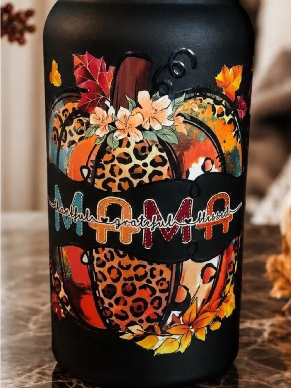 Hand Crafted Black Leopard Autumn Pumpkin Tumbler Hot/Cold and Pumpkin Tote Bag